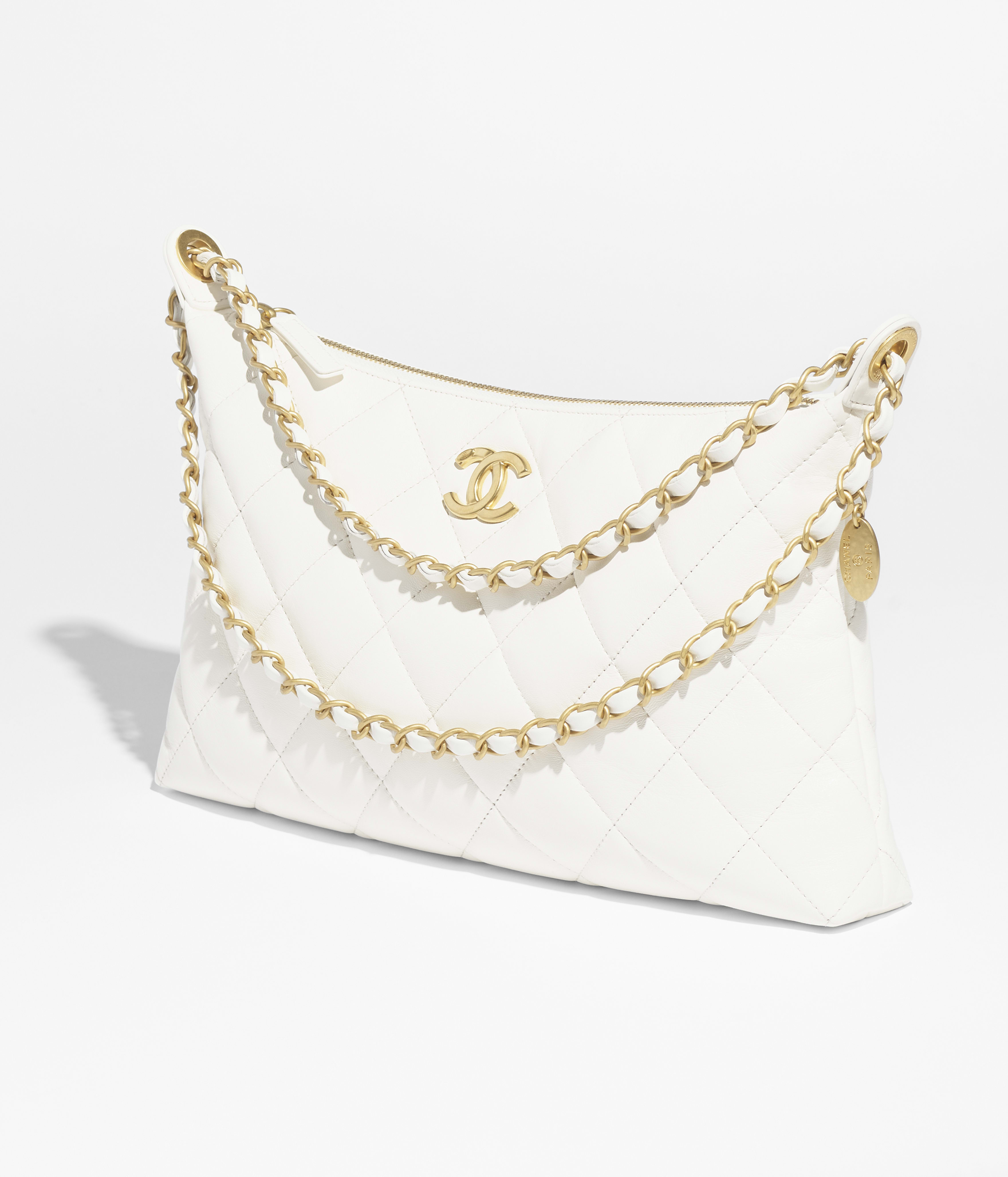 Bolso hobo grande - Blanco - Piel de cordero efecto brillo y metal dorado - 